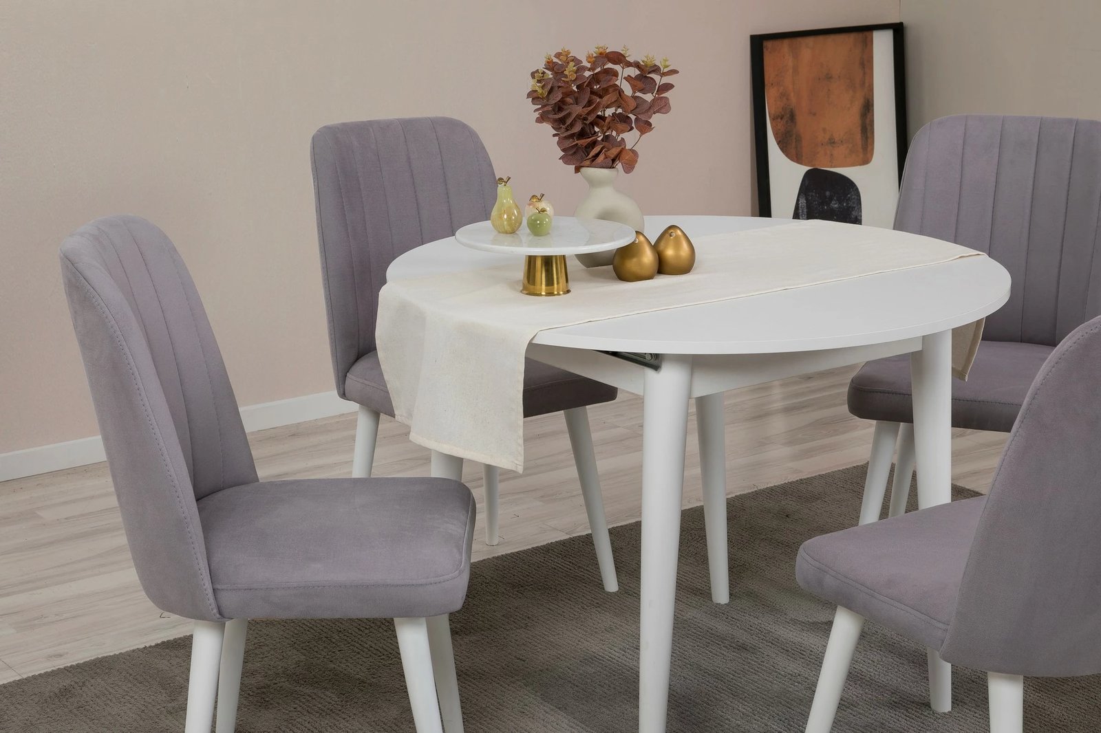 Tavolinë me karrige, zgjatshme, 5 copë, Skye Decor Vina 0701, e bardhë, gri