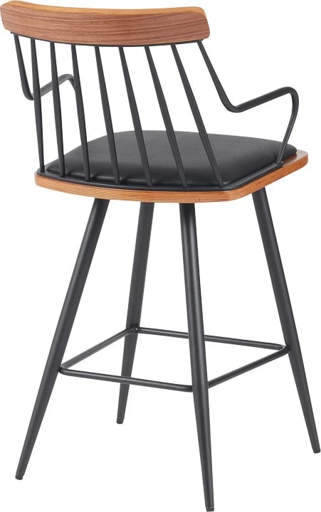 Karrige për bar Posse, metal i zi, dru arre, ulëse lëkure e zezë, 48x54x92.5cm