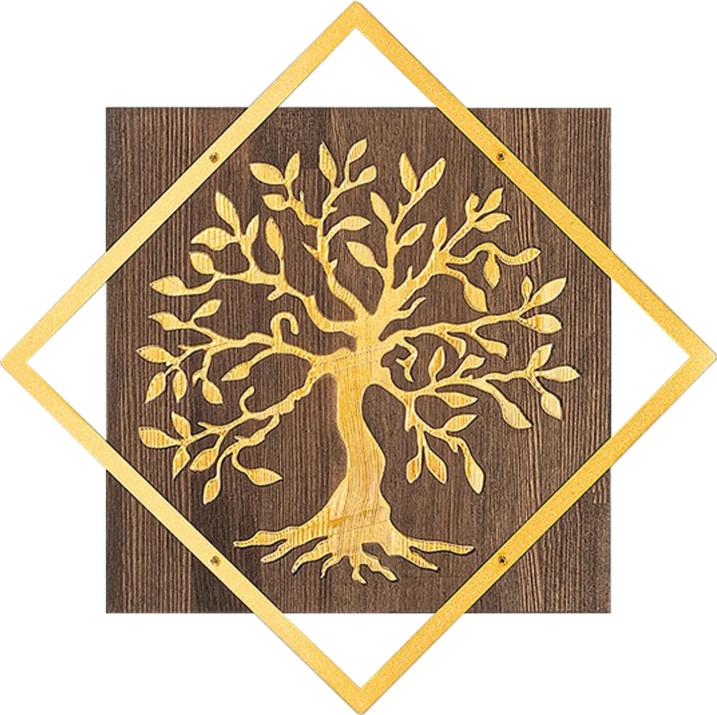 Dekor muri me figurë peme, metal ngjyrë ari, dru arre, FH4752, 54x3x54cm