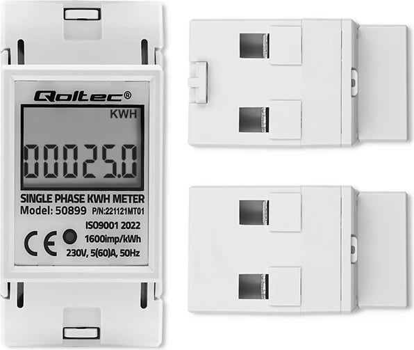 Matës energjie njëfazor Qoltec 50899, LCD, për montim në shinë DIN, Gri