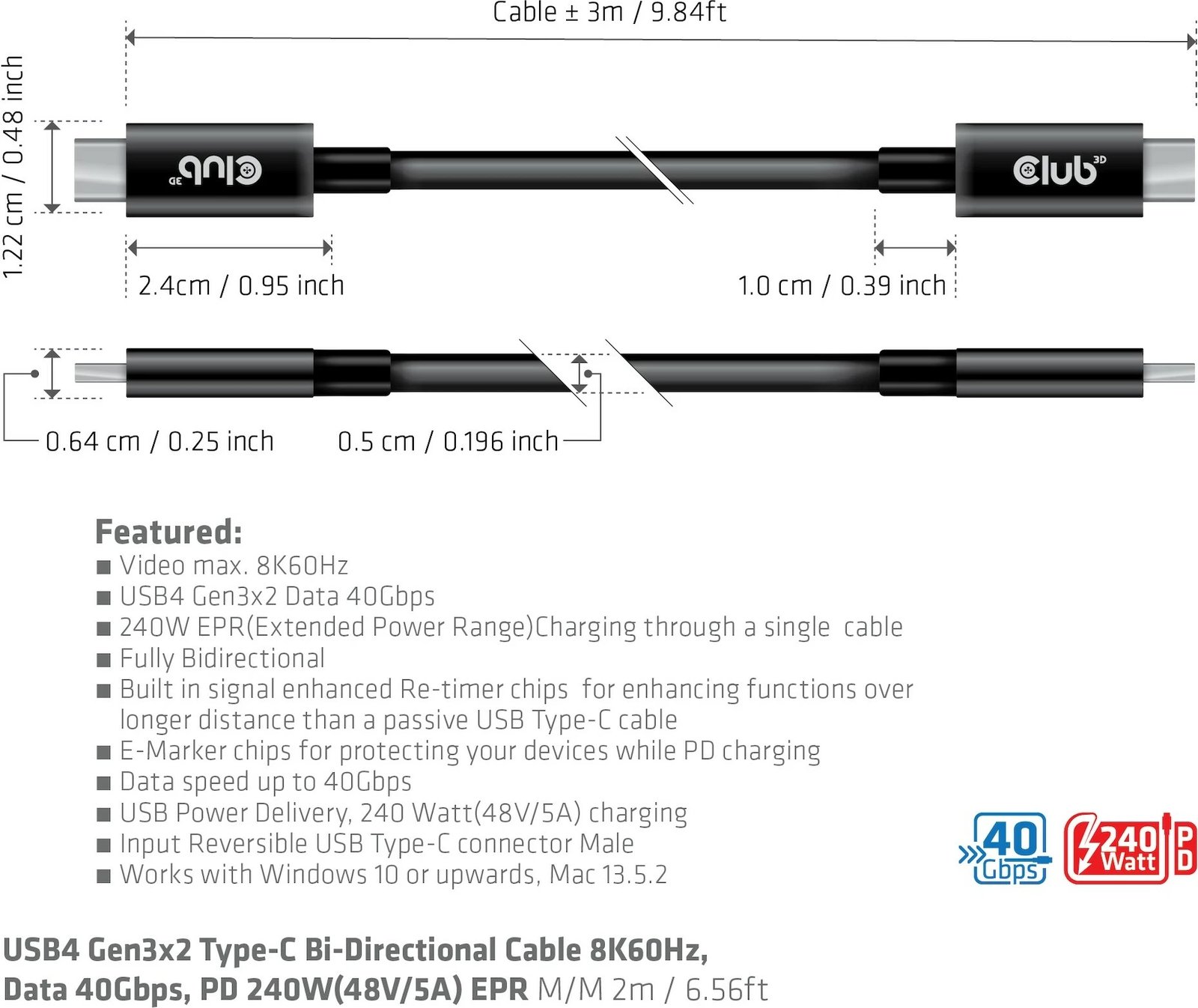 Kabllo USB Type-C Club3D 3m, 240W, 8K, 40Gbps, e zezë