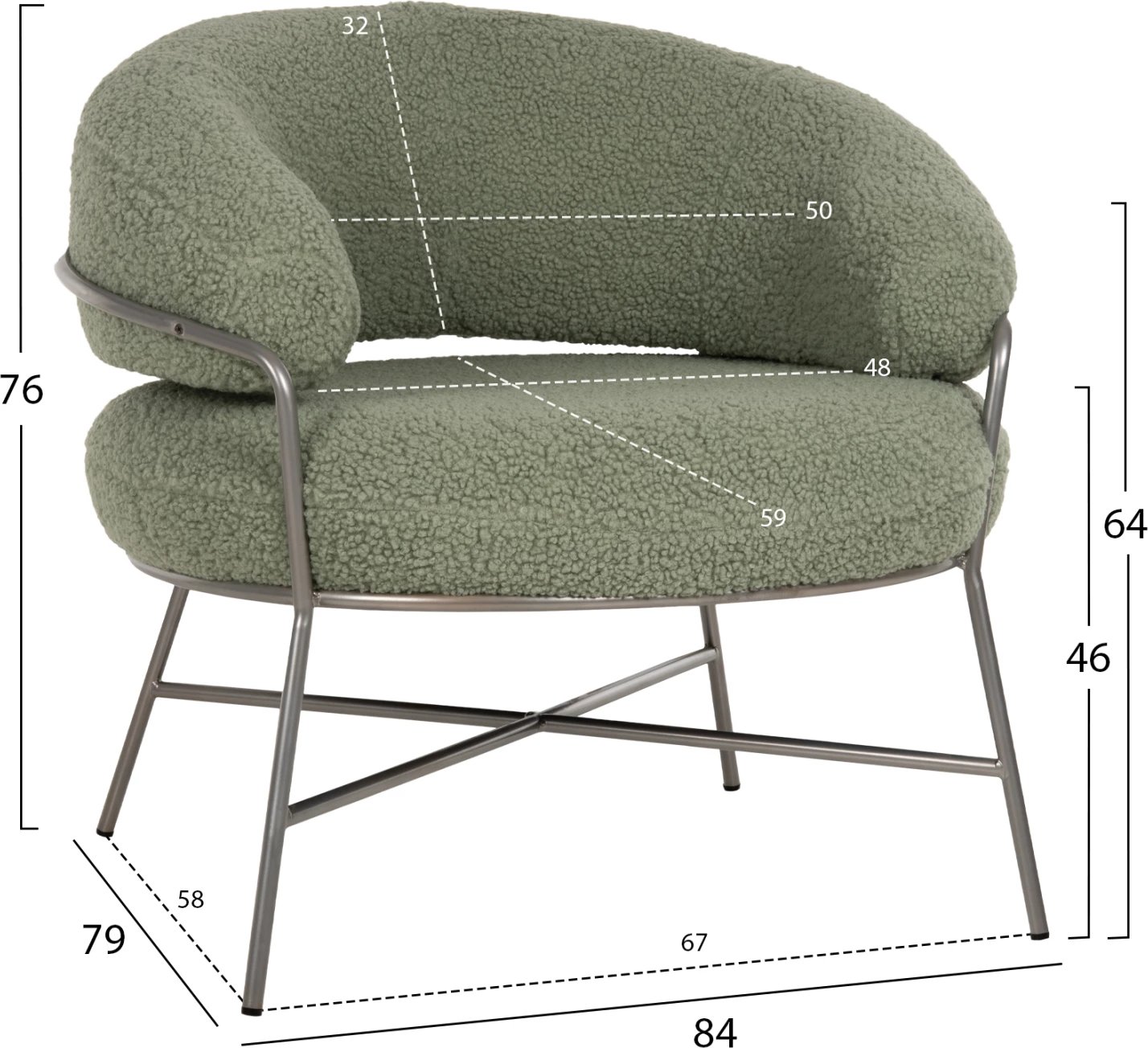 Fotelje TRUDI FH8639.27, ngjyrë fistik, pëlhurë boucle dhe kornizë metalike argjendi, 84x79x76H cm