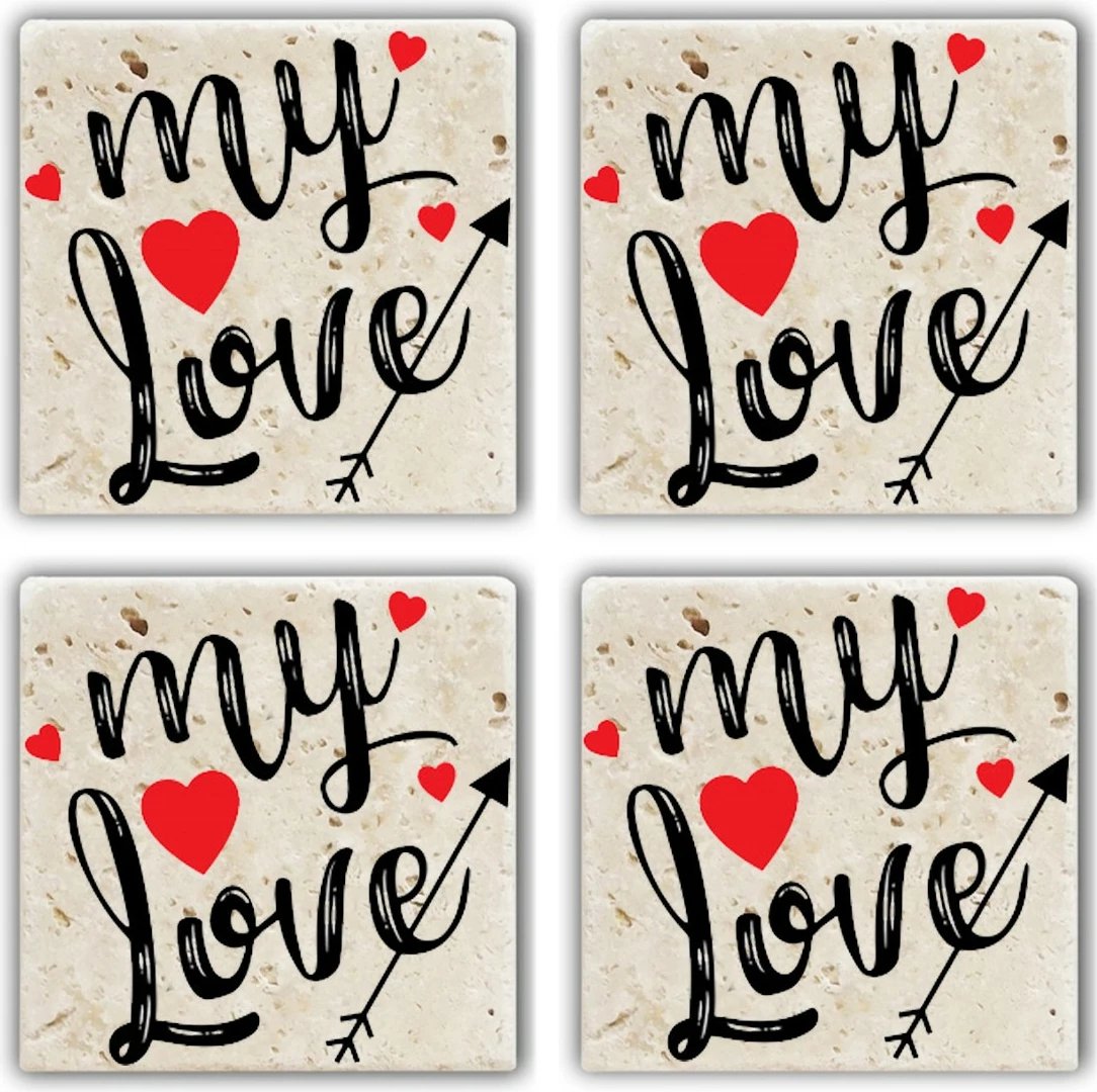 Set 4 copë mbrojtëse guri natyral për gota, shumëngjyrëshe, 10x10x1cm, 'my love'