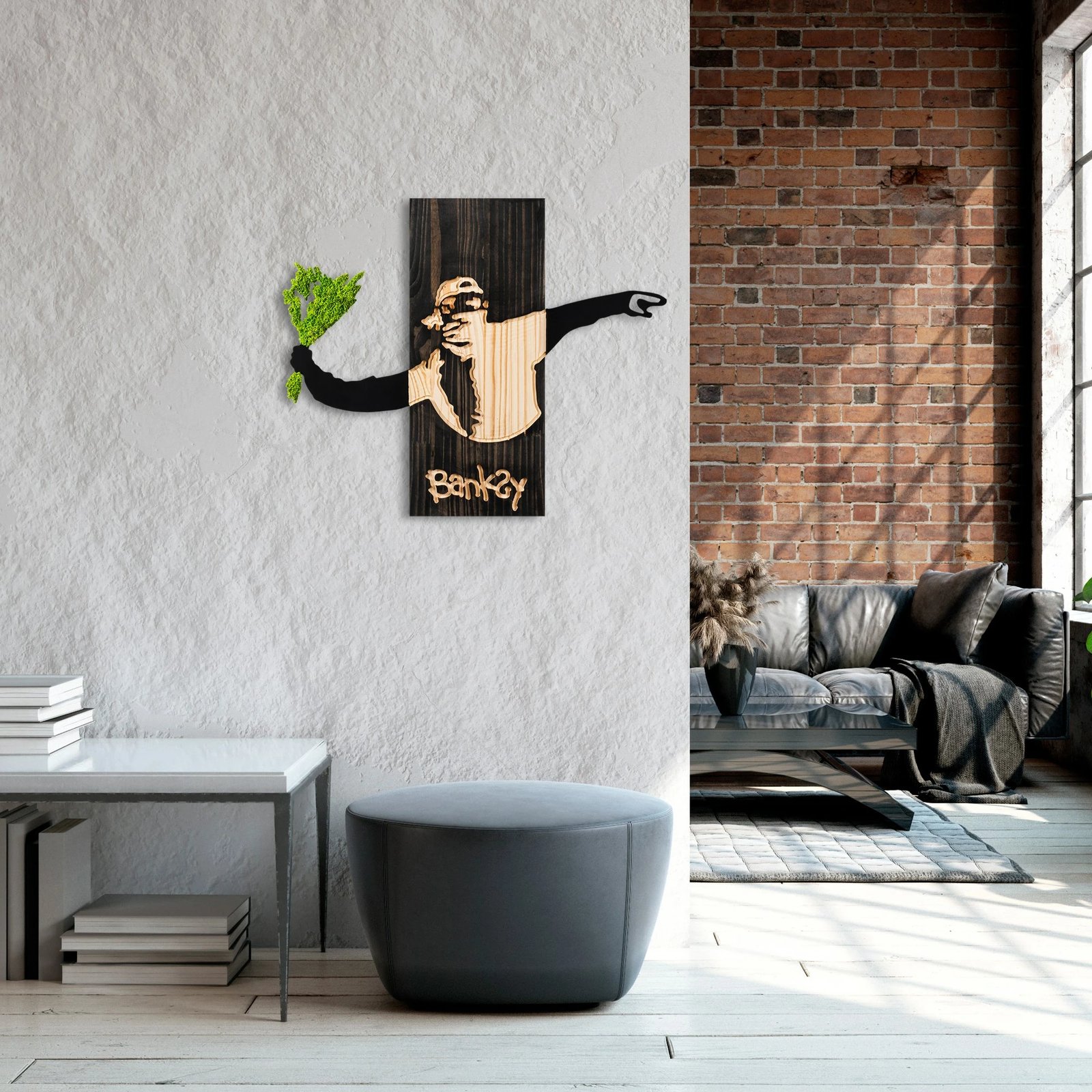 Aksesor muri dekorativ prej druri, Wallity, Banksy - Flower Thrower 2, ngjyrë e zezë, arre, e gjelbër, 69x58x3cm