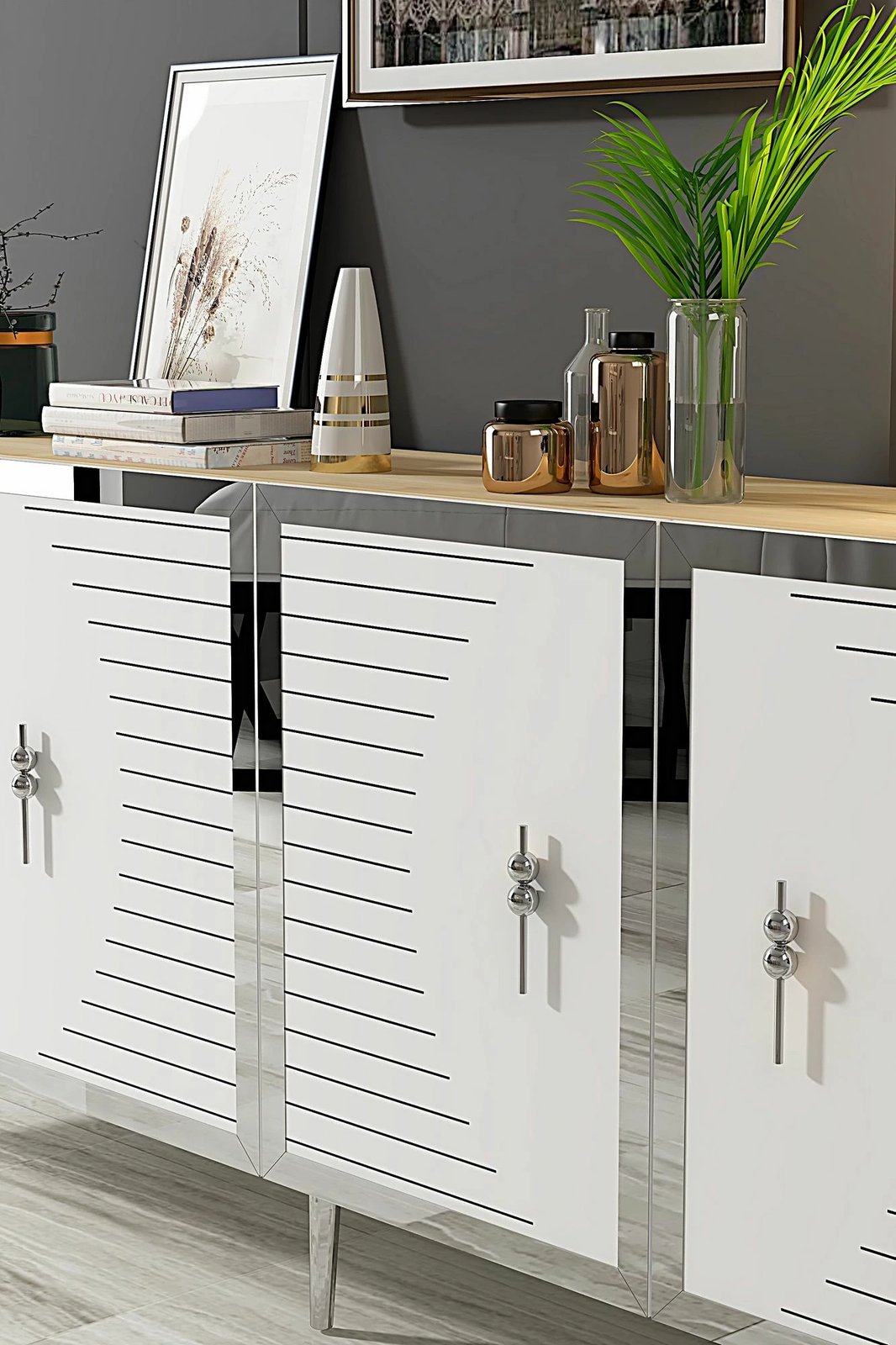 Konsol Skye Decor, Tuna 180, ngjyrë lis safir, e bardhë, argjend