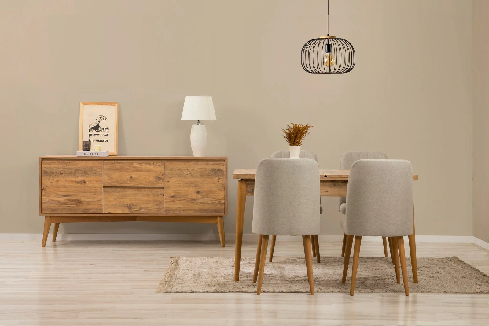 Set tavoline me karrige dhe konsolë, zgjatshme, 6 copë, Skye Decor, Vina 01 1005, ngjyrë Atlantic Pine, krem