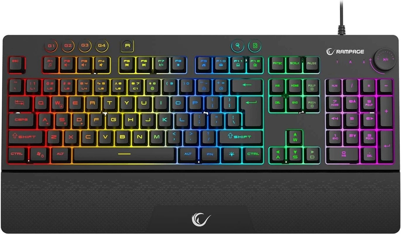 Tastierë gaming Rampage Simula RGB, full-size, me mbështetëse, e zezë