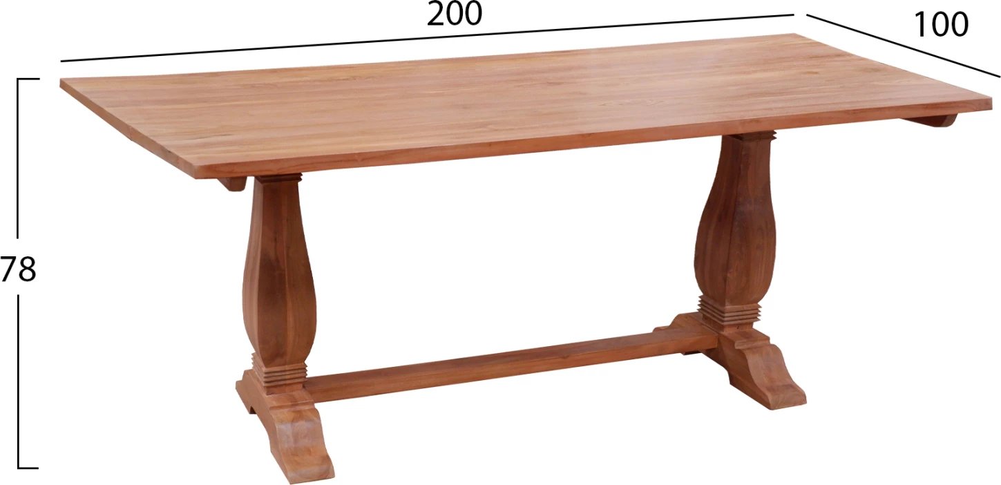 Tavolinë ngrënieje, këmbë të gdhendura, dru tik, 200x100x78 cm