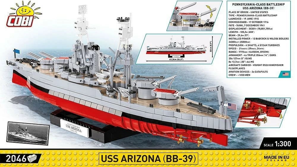 Set ndërtimi Cobi Klocki USS Arizona BB-39, 2046 pjesë, plastikë, Historical Collection