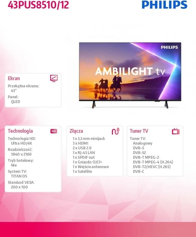 TV QLED Philips 43PUS8510/12 43-inç 4K UHD Ambilight Titan OS HDMI 2.1