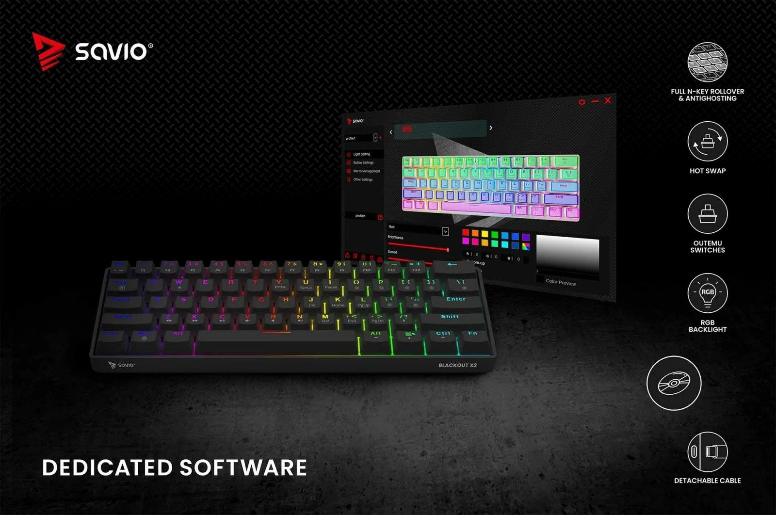 Tastierë mekanike Savio Blackout X2, OUTEMU Red, 60%, me ndriçim ARGB, e zezë