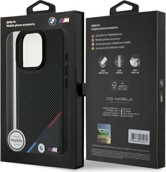 Mbështjellës BMW M Perforated Tricolor Line MagSafe për iPhone 16 Pro Max, i zi