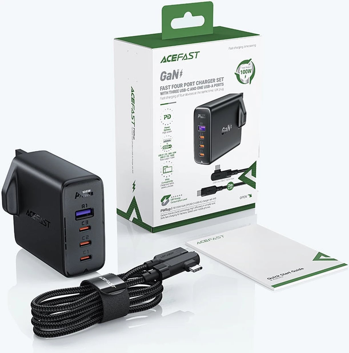 Karikues i shpejtë muri Acefast A40, 100W, 3x USB-C, 1x USB-A, GaN, me kabllo USB-C, UK plug, zi