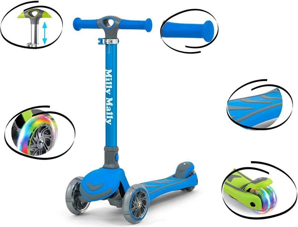 Trotinet për fëmijë, Milly Mally Boogie, 3 rrota, timon me rregullim 3-sh, rrota me drita LED, ngarkesë deri 50 kg, blu