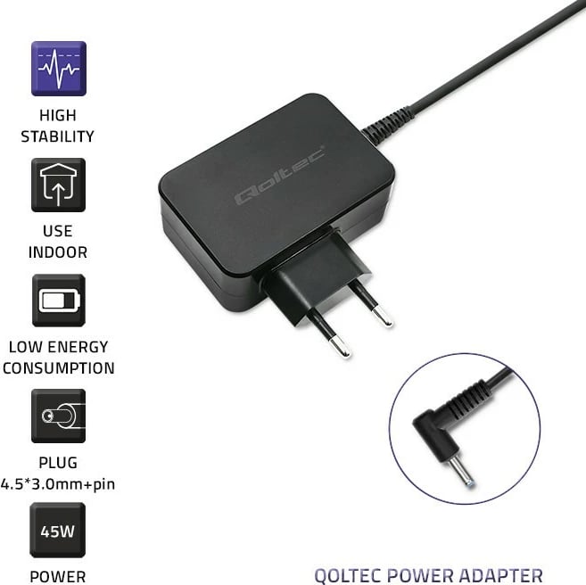 Adapter rryme për ultrabook Qoltec 51033, 45W, 19.5V, 2.31A, 4.5x3.0+pin, i zi