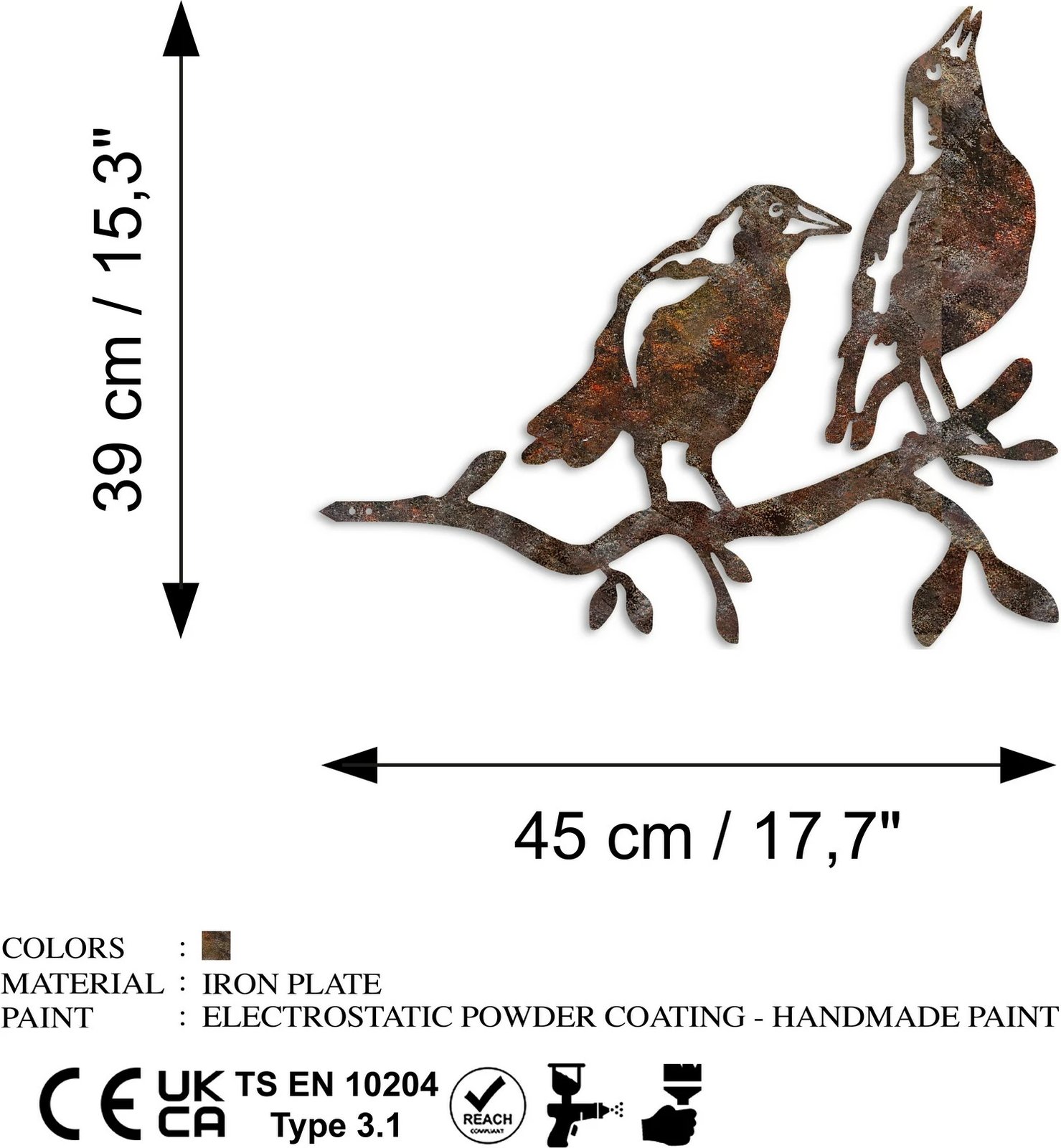 Objekt dekorativ për kopsht, zogj në degë, ngjyrë kafe, Aberto Design, 45x39cm