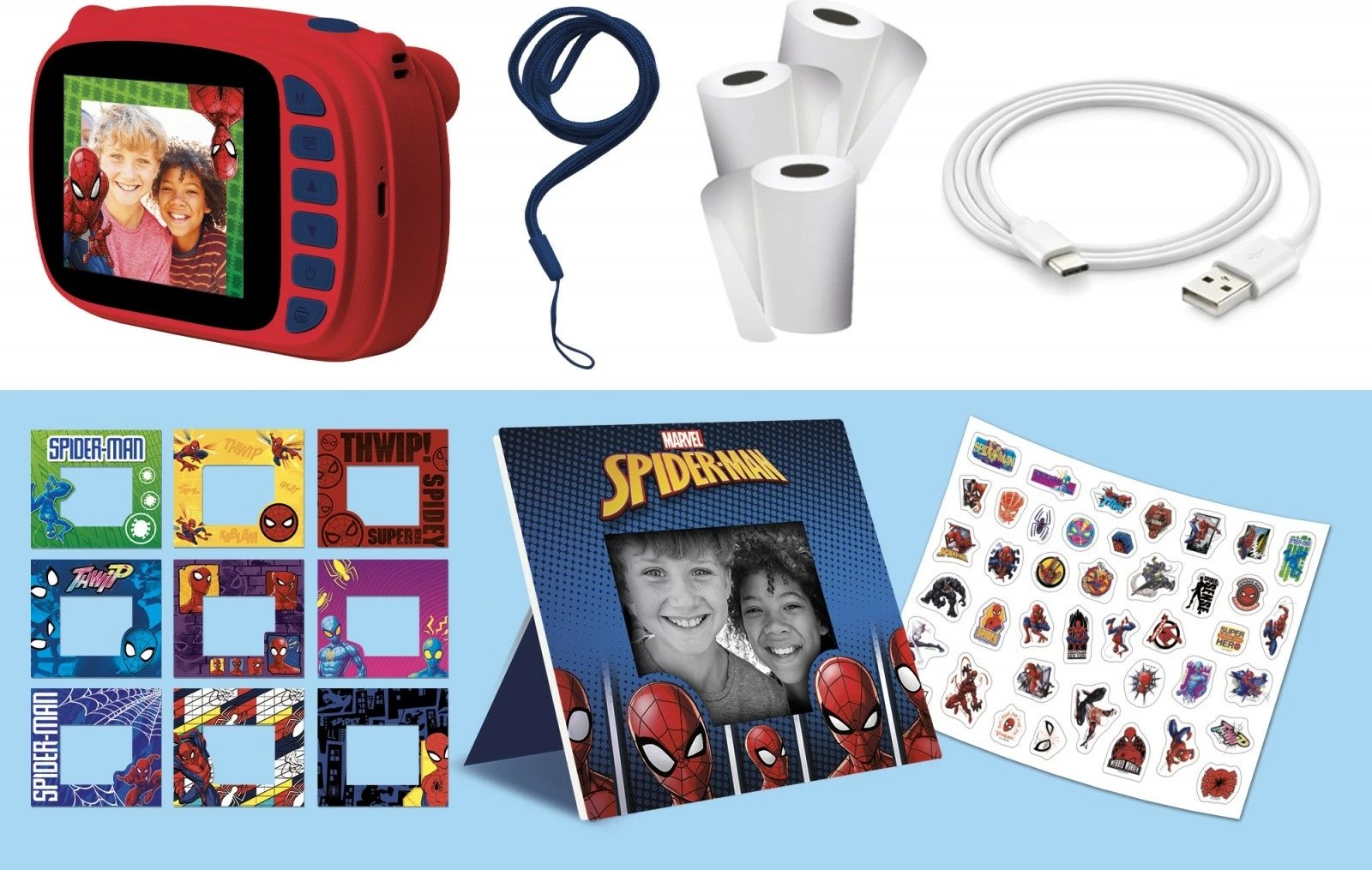 Aparat fotografik për fëmijë Lisciani Spiderman Print Cam, me ekran LCD, dy kamera, Blu/Kuqe