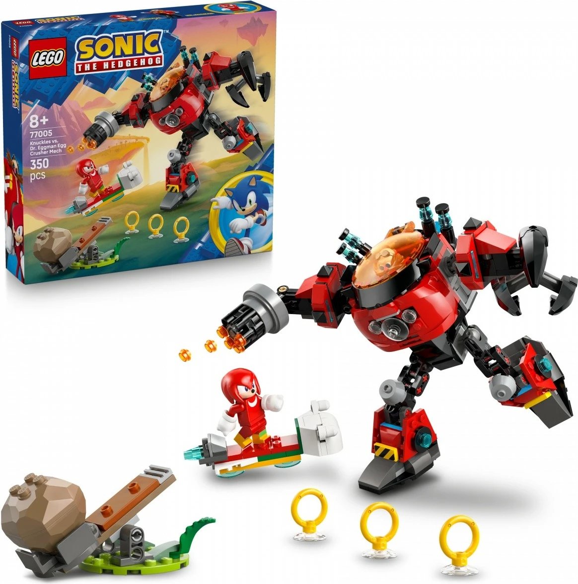 Set LEGO Sonic the Hedgehog 77005, Knuckles vs. Dr. Eggman në Egg Crusher Mech, 350 pjesë