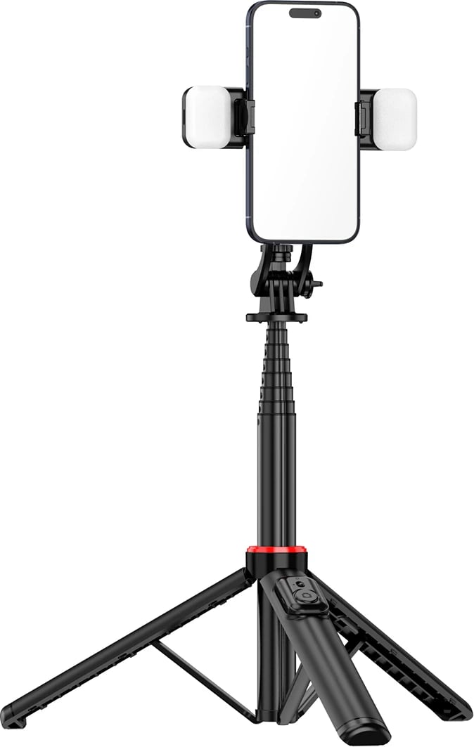 Selfie stick Hurtel WC12YDS tripod teleskopik me dy llampa, 1.3m, Bluetooth, i zi