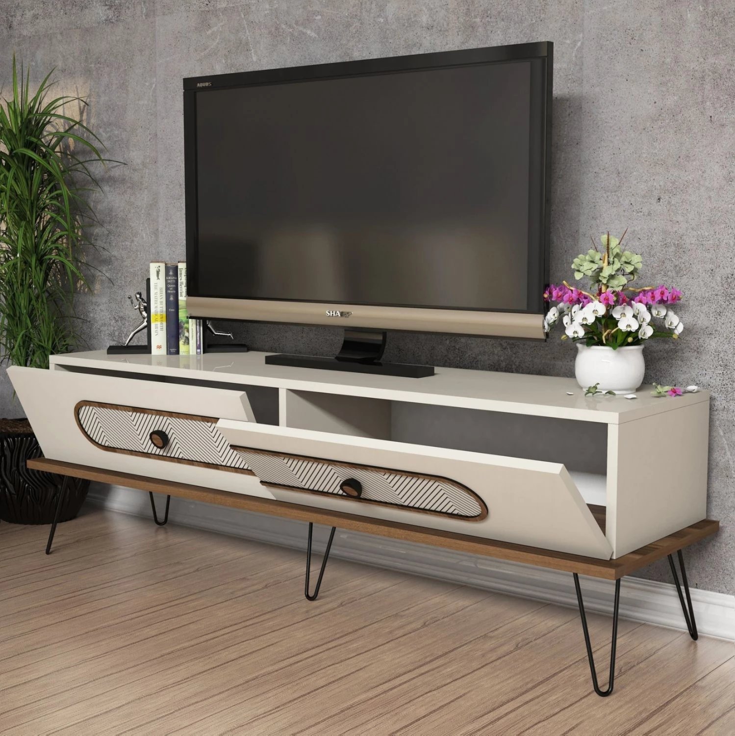 Mbajtës TV FH9511.01 melaminë, ngjyrë krem-metal, 145x40x45H cm