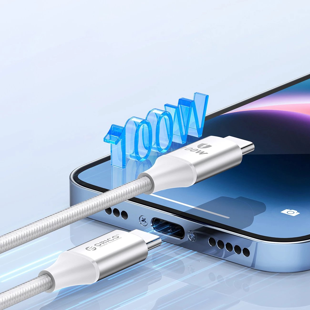 Kabllo Orico CDX USB-C në USB-C, 1m, 100W, 5A, Bardhë