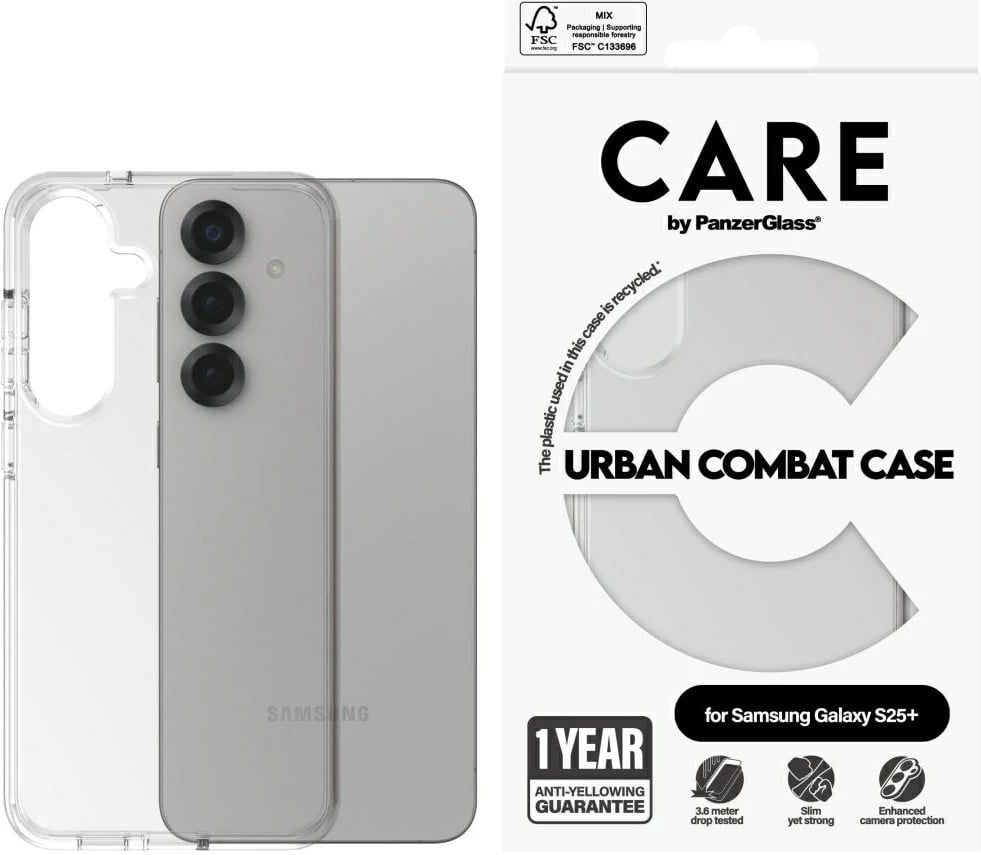 Mbështjellës PanzerGlass CARE Urban Combat Case për Samsung Galaxy S25+, Transparent