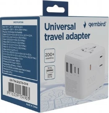 Adapter universal udhëtimi, Gembird, TPA-2A3C70-01-W, 70 W GaN, USB-C PD + USB-A QC, prizë AC universale, e bardhë