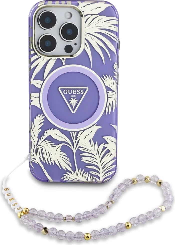 Mbështjellës, Guess, Palm Trees Triangle Pearl Strap MagSafe, për iPhone 16 Pro Max, hardcase TPU/PC, me unazë MagSafe dhe varëse rruzash, vjollcë