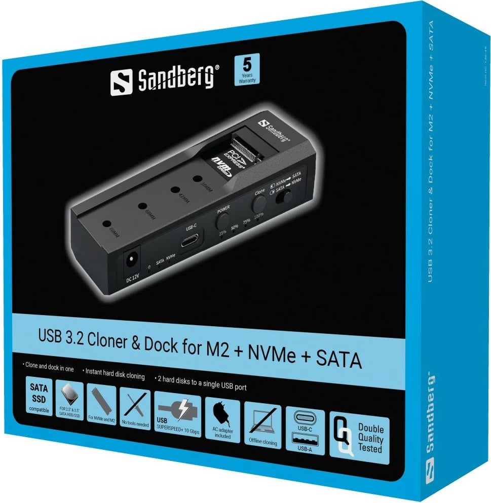 Dock Sandberg USB 3.2 Cloner për M2 + NVMe + SATA, i zi