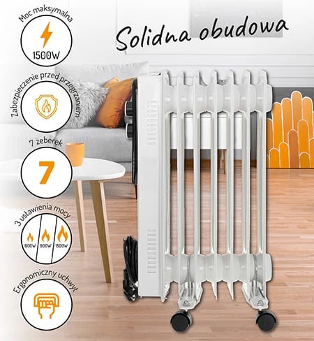Radiator me vaj, Adler, 7815, 1500W, 7 brinjë, 3 nivele ngrohjeje, i bardhë