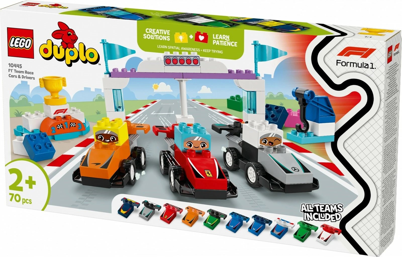 Set lodrash LEGO DUPLO Formula 1 Cars and Drivers 10445, 70 pjesë, shumëngjyrëshe