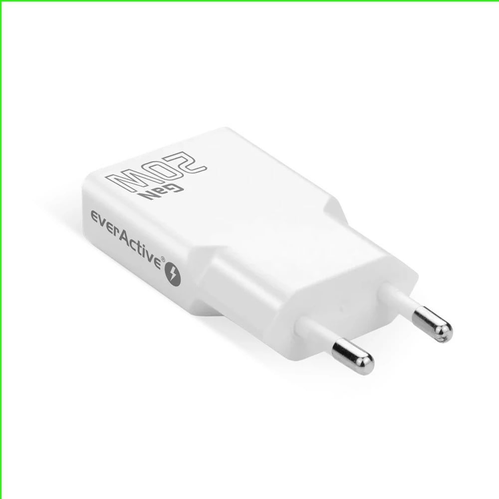 Karikues muri, everActive, SC-340Q, GaN super slim, USB QC 3.0 + USB-C PD 20W, 1x USB + 1x USB-C, i bardhë