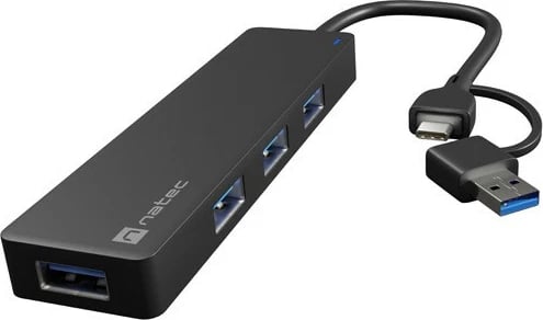 Hub USB Natec Mayfly NHU-2023, 4 porta USB-A, me adapter USB-A në USB-C, e zezë