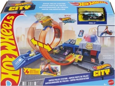 Set pistë makine Hot Wheels City Super Police Station JBM71, me lak të rregullueshëm dhe 1 makinë 1:64, shumëngjyrësh