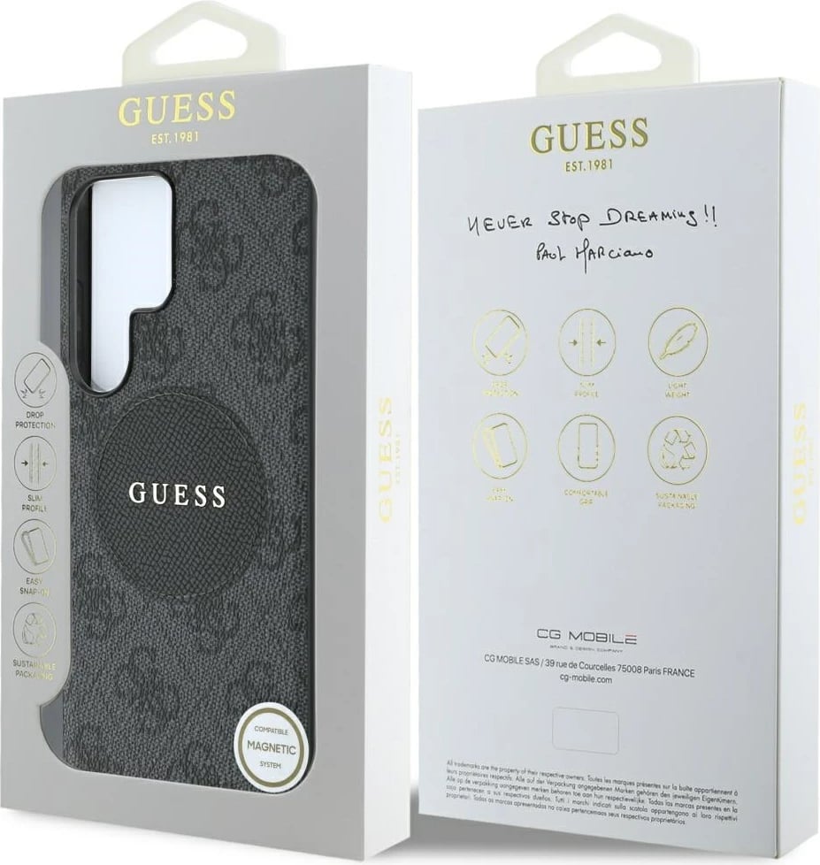 Mbështjellës Guess 4G Round Patch Classic Logo MagSafe për Samsung Galaxy S25 Ultra, i zi