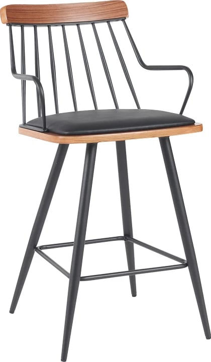 Karrige për bar Posse, metal i zi, dru arre, ulëse lëkure e zezë, 48x54x92.5cm