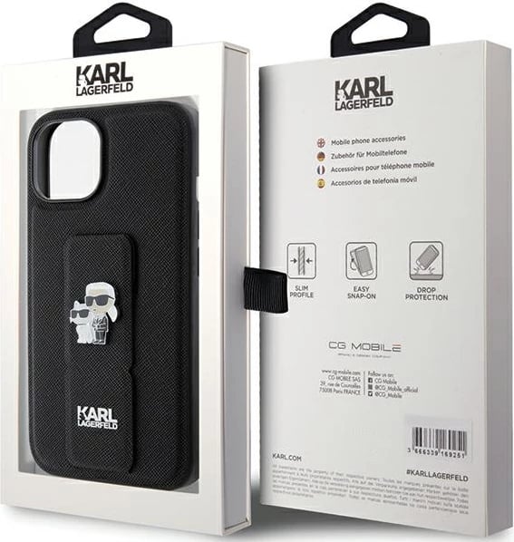 Mbështjellës Karl Lagerfeld Gripstand Saffiano Karl&Choupette Pins për iPhone 15, i zi