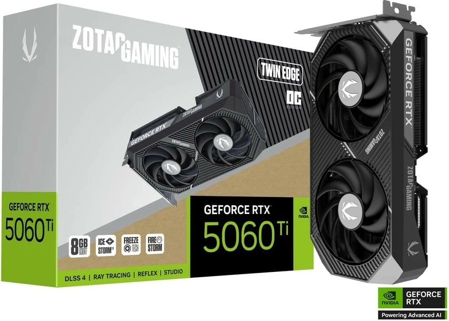Kartë grafike, ZOTAC GeForce RTX 5060 Ti Twin Edge OC, 8GB GDDR7 128-bit, 3x DisplayPort/HDMI, PCIe 5.0 x8