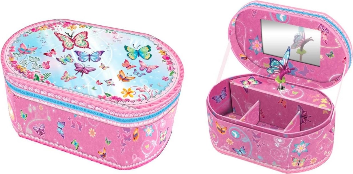 Kuti muzikore Pulio Oval Music Box Butterflies, për vajza, Rozë/Blu