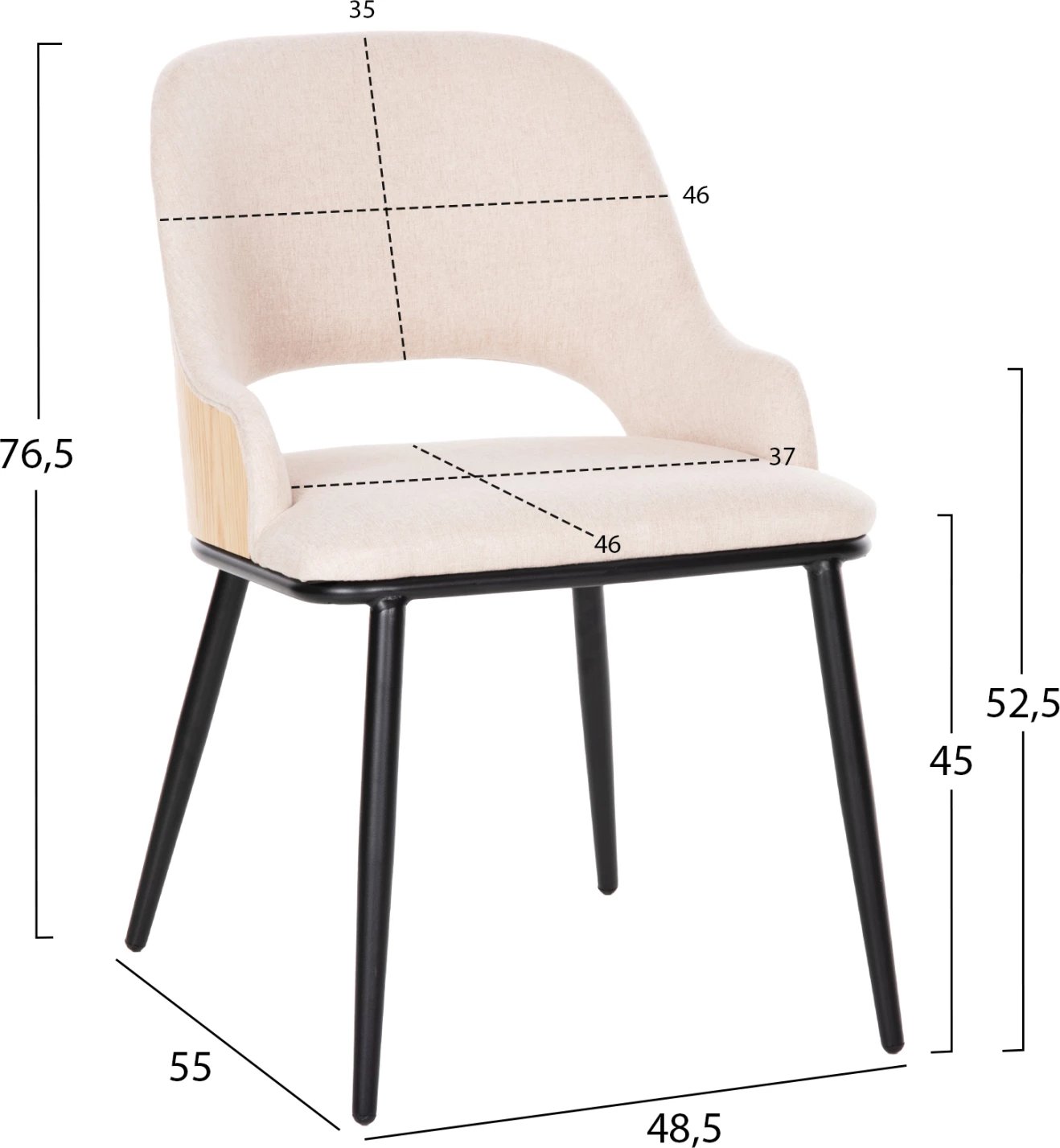 Karrige ngrënieje DELF FH9617.02, pëlhurë bezhë, këmbë metali të zeza, shpinë druri ngjyrë lisi, 48x55x76 cm, set prej 2 copë