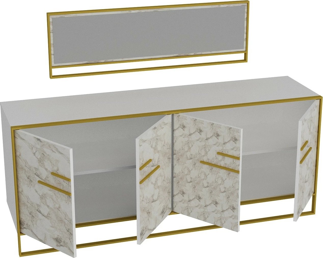 Konsolë me pasqyrë, model Polka, ngjyrë e bardhë dhe ari