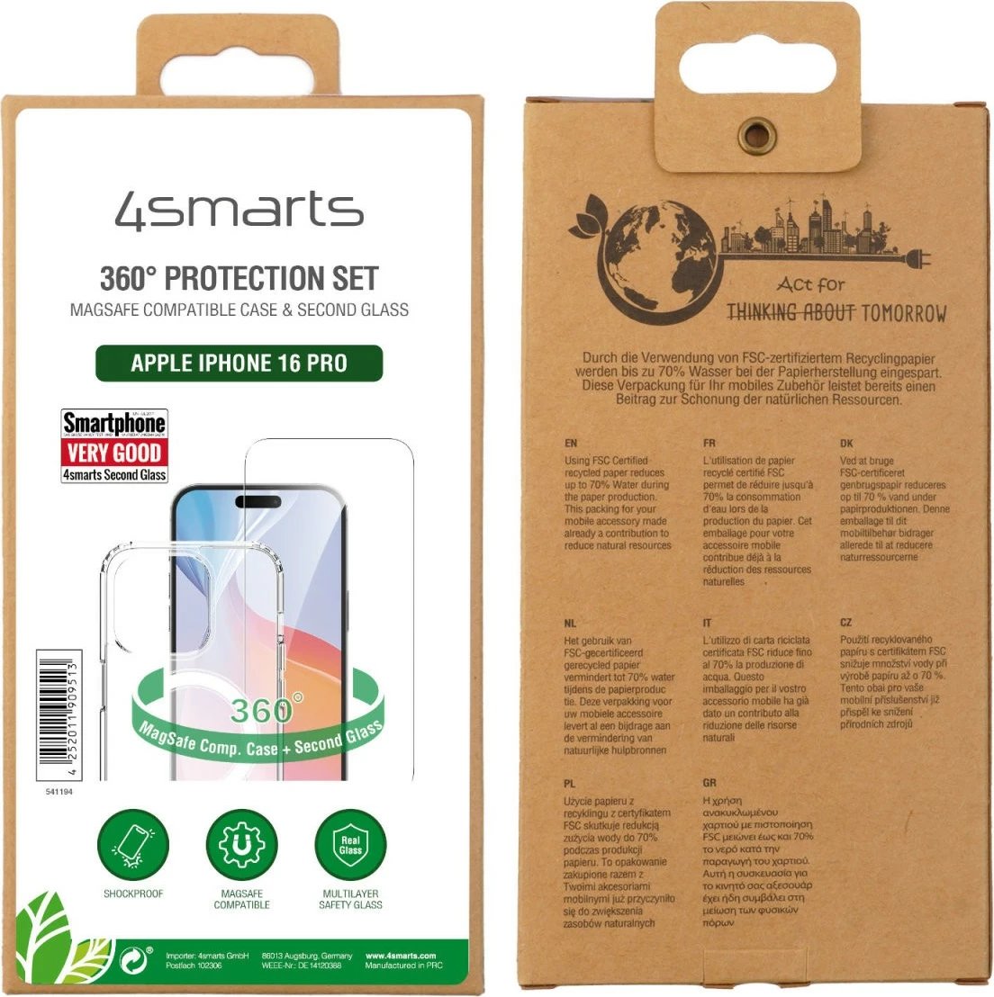 Mbështjellës 4smarts për iPhone 16 Pro, MagSafe, xham i temperuar, transparent