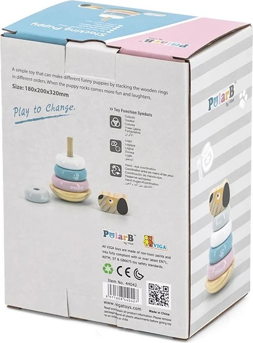 Lodër piramidë grumbulluese prej druri, Viga, Dog, 6 pjesë, 24M+, multingjyrë