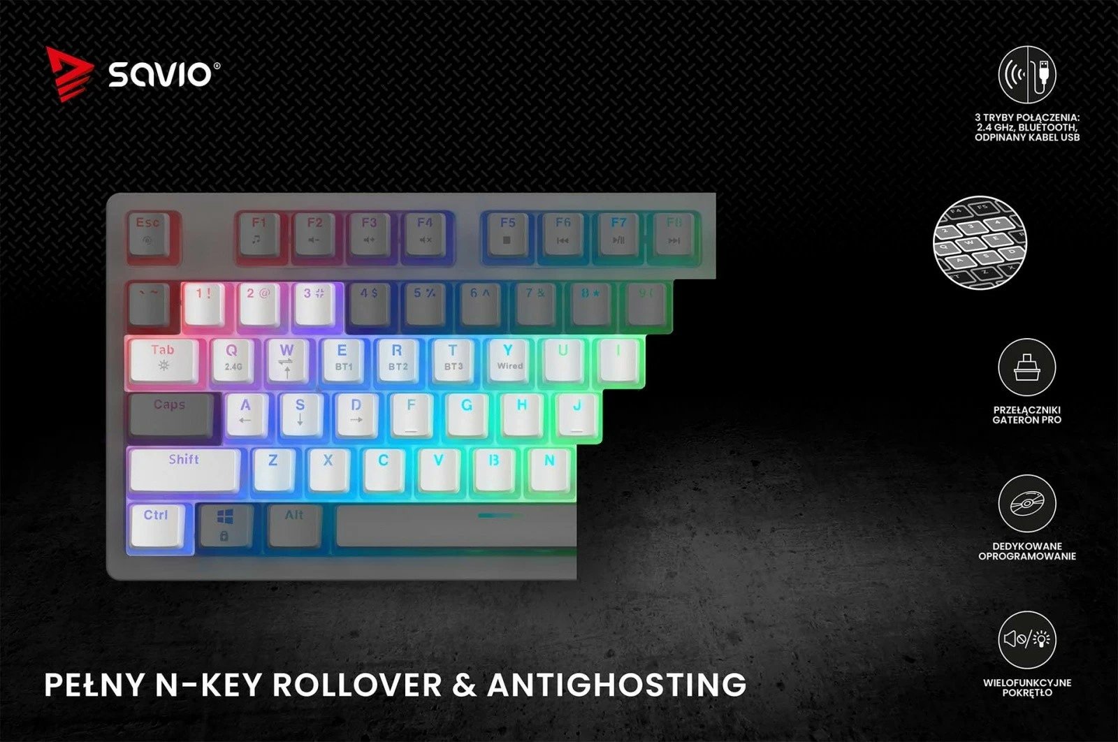 Tastierë mekanike wireless Savio PHENIX WHITE Gateron Red Pro, 82 tasta, RGB, e bardhë Tastierë mekanike wireless Savio PHENIX WHITE Gateron Red Pro, 82 tasta, RGB, e bardhë