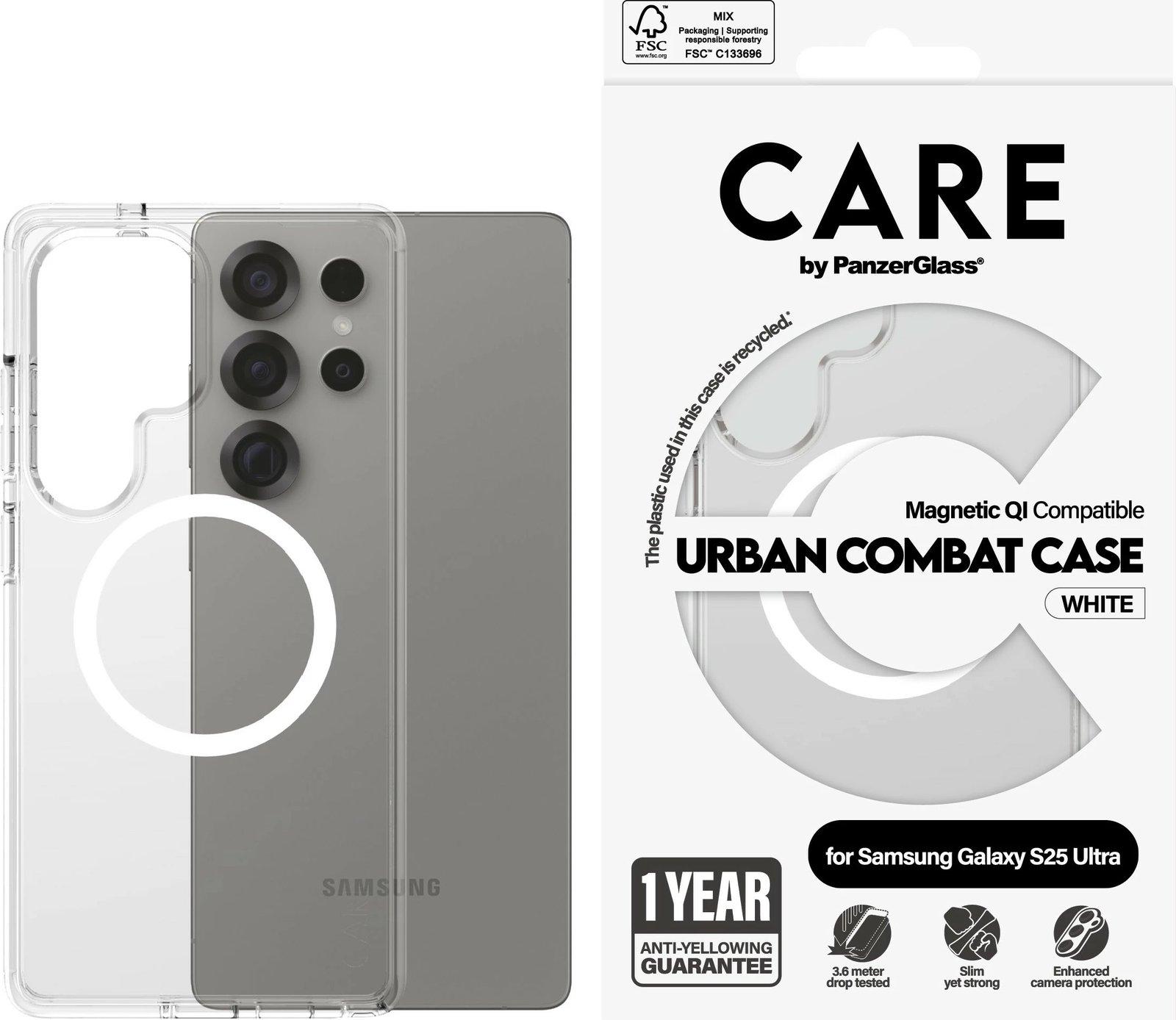 Mbështjellës PanzerGlass CARE Flagship Case, për Samsung Galaxy S25 Ultra, transparent me rreth të bardhë QI