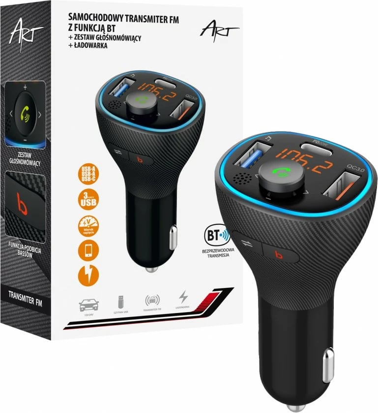 Transmetues FM për veturë ART MP3TR FM-73, Bluetooth, USB QC3.0, i zi