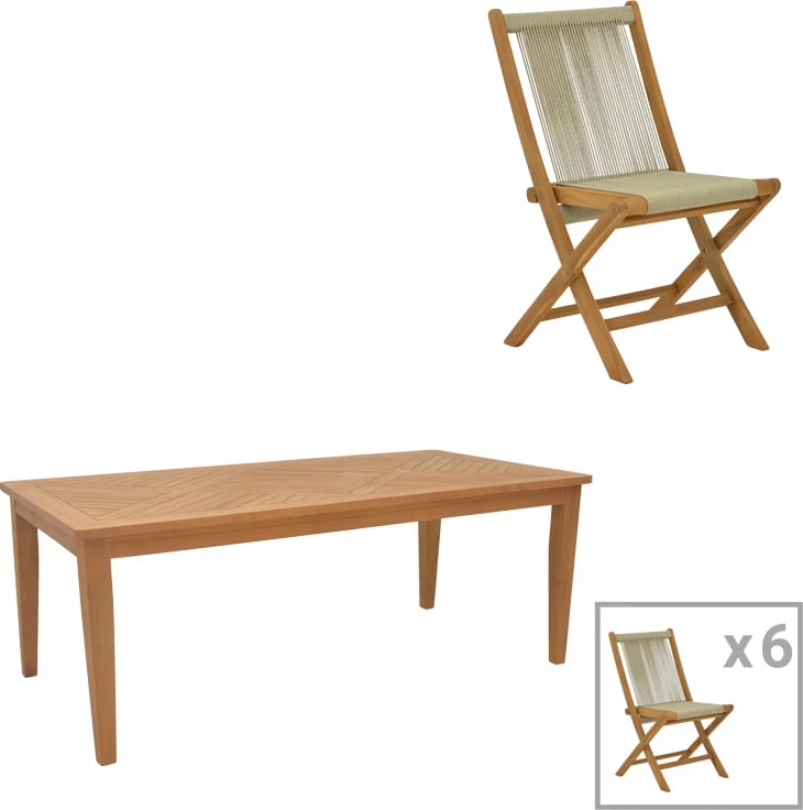 Tavolinë me karrige, 7 pjesë, Banou-Mady, dru teak, ngjyrë natyrale, 200x100x75cm