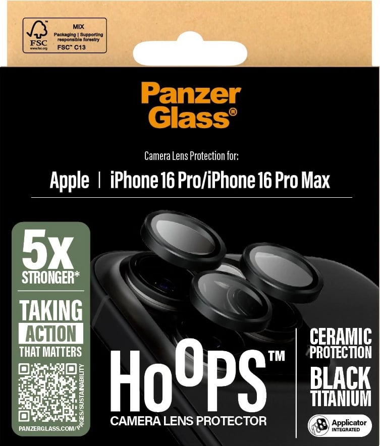 Mbrojtës lente PanzerGlass Hoops Ceramic për iPhone 16 Pro/16 Pro Max, i zi