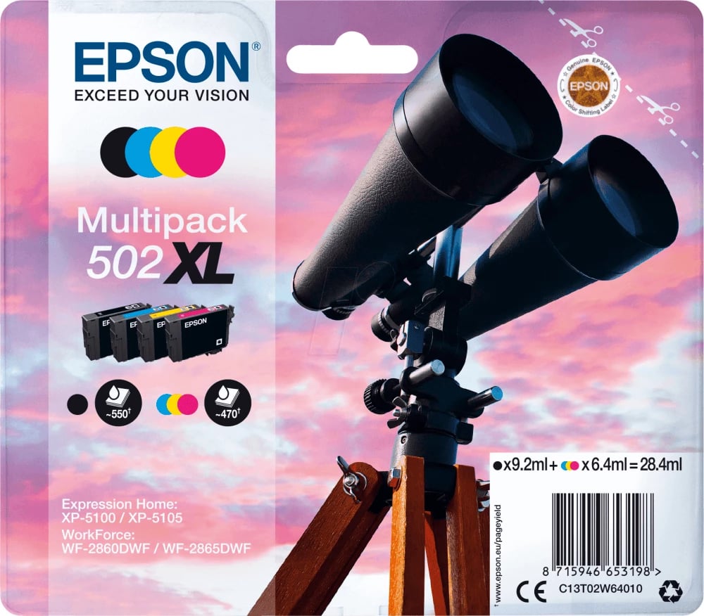 Kartusha boje Epson 502XL / C13T02W64010, XL 28.4 ml, 4 ngjyra, multipack e zezë/cian/magenta/e verdhë