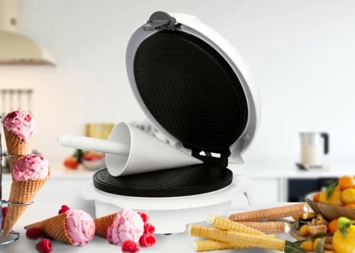 Aparat për petë vafle/konë, Adler, AD 3038, pjatat 18 cm, regulator temperature, shtresë jo‑ngjitëse, formues kone, 750W nom./1500W max, e bardhë